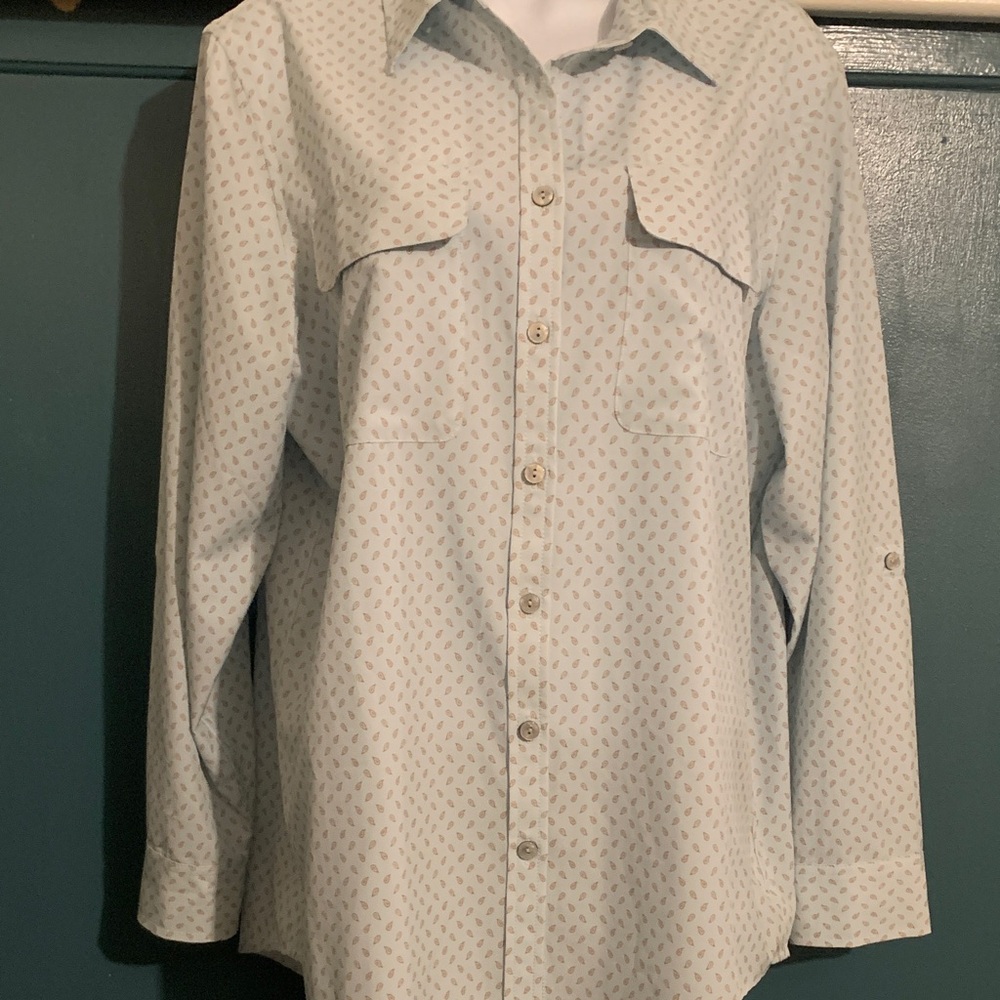 Lands' End Women's Light Blue Patterned Button Down Shirt